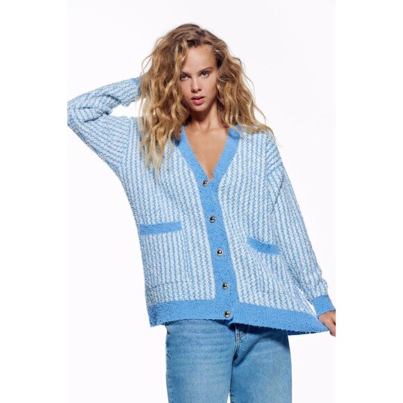 ZARA Blue White Cotton Blend Fuzzy Knit Oversized Cardigan Sweater, Size XS-S - Picture 13 of 15